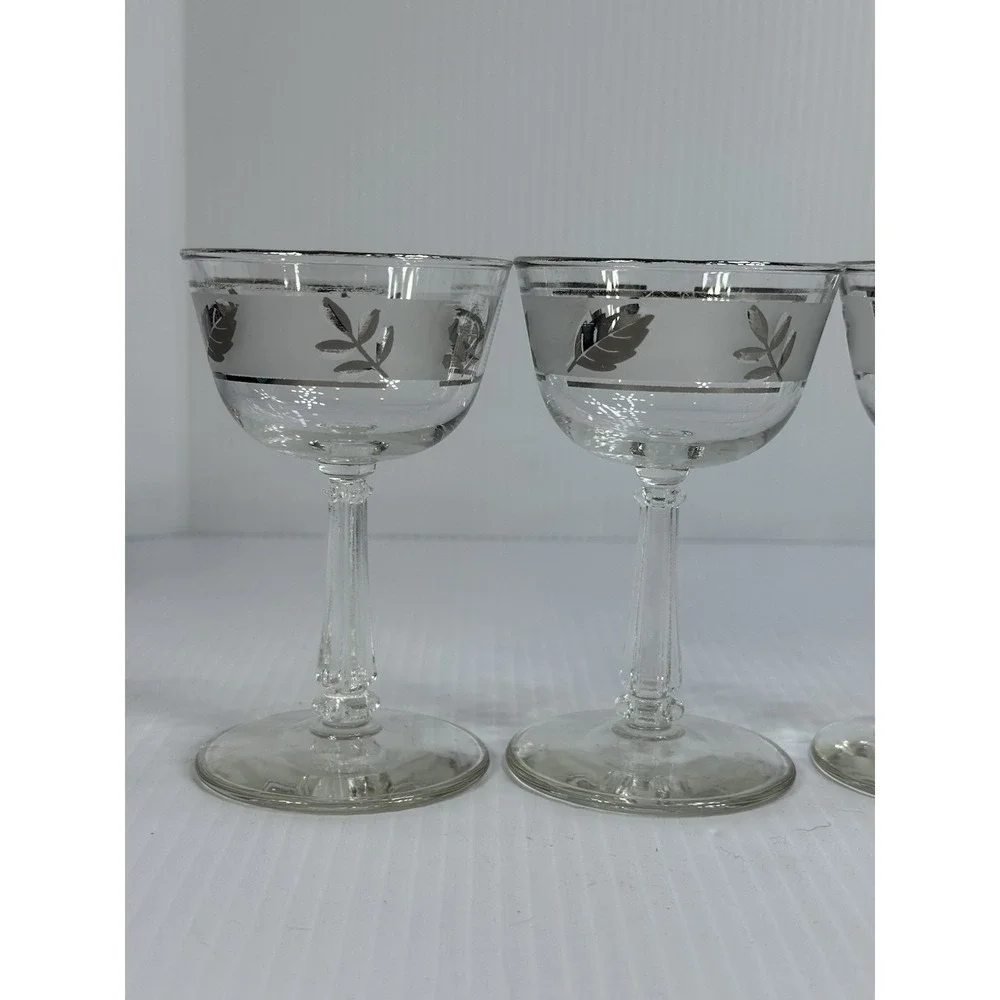 6 Vintage Libbey Silver‎ Leaf Frosted Champagne Glasses 5